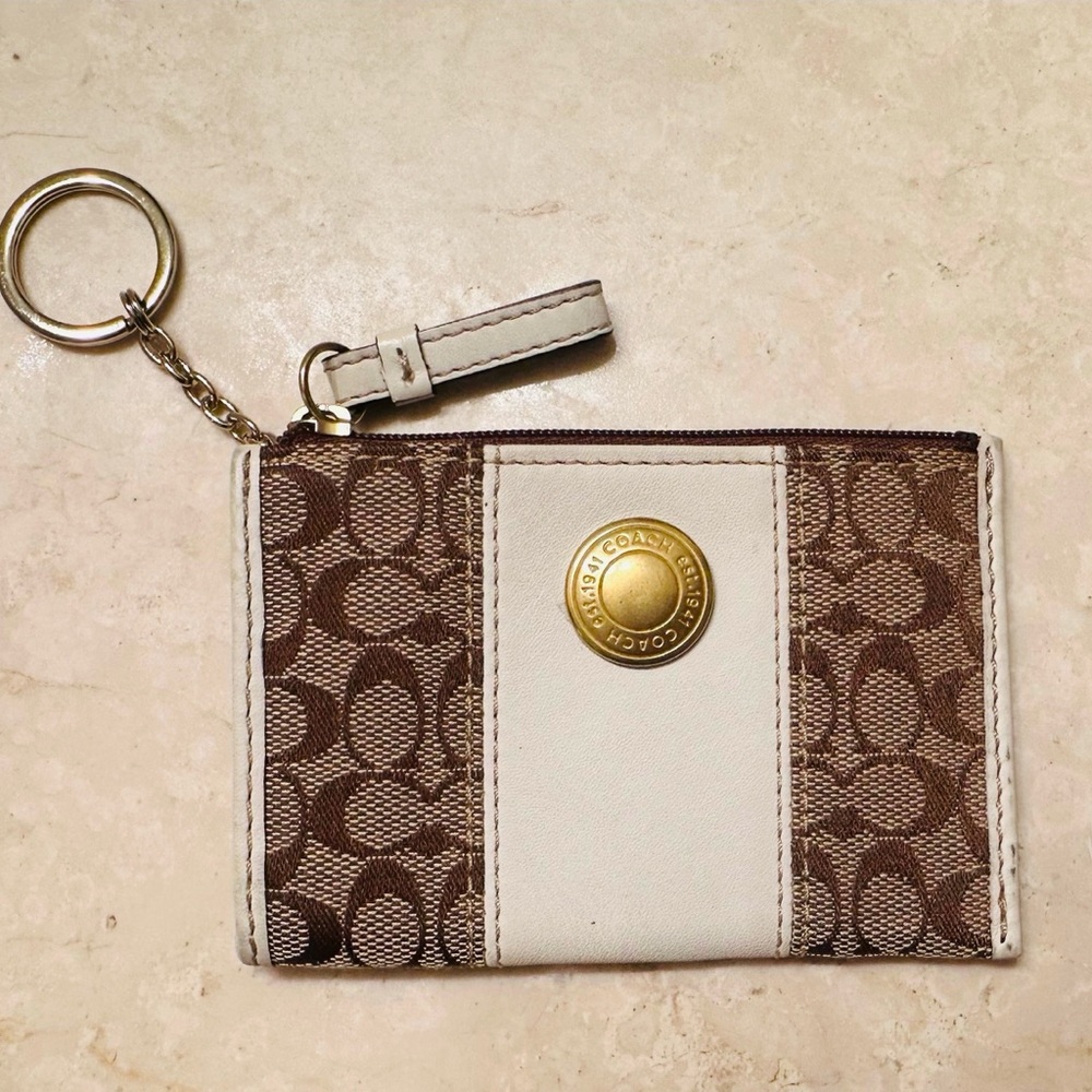 Coach Brown and Cream Plaid Keychain Wallet